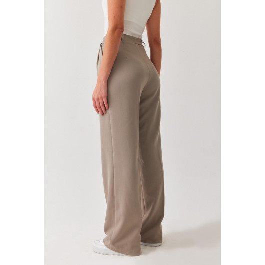 Women's Gray Front Pleated Loose Model Palazzo Fabric Trousers