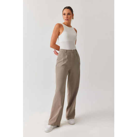 Women's Gray Front Pleated Loose Model Palazzo Fabric Trousers