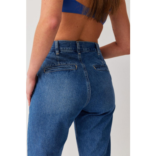 Women's Blue Color High Waist Lycra Denim Fabric Mom Fit High Waist Jean