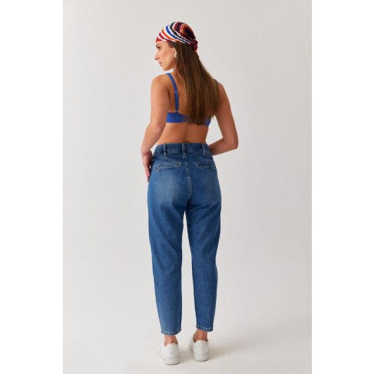 Women's Blue Color High Waist Lycra Denim Fabric Mom Fit High Waist Jean