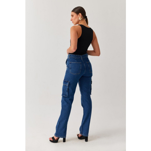 Women's Blue High Waist Cargo Jeans- Cargo Pocket Jeans