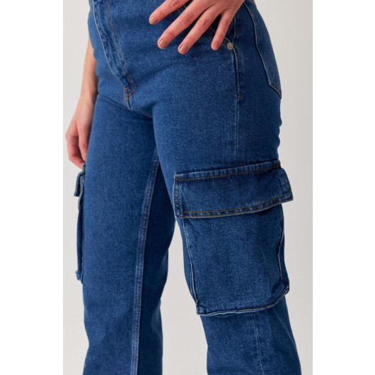 Women's Blue High Waist Cargo Jeans- Cargo Pocket Jeans