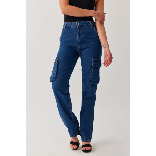 Women's Blue High Waist Cargo Jeans- Cargo Pocket Jeans