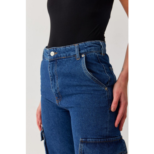 Women's Blue High Waist Cargo Jeans- Cargo Pocket Jeans