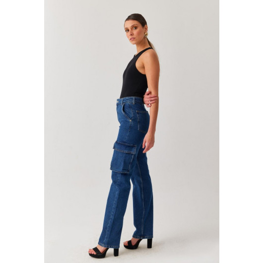 Women's Blue High Waist Cargo Jeans- Cargo Pocket Jeans