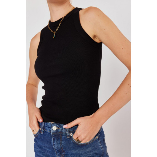 Women's Black Ribbed Knitted Halter Collar Undershirt