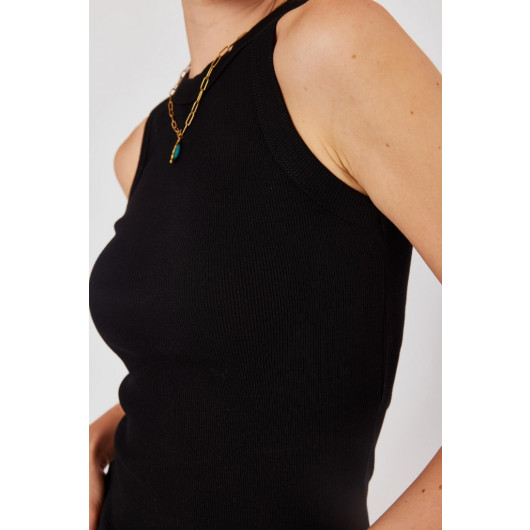 Women's Black Ribbed Knitted Halter Collar Undershirt