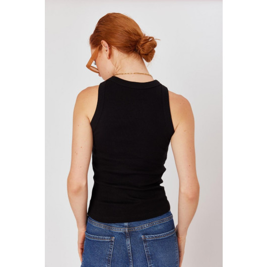 Women's Black Ribbed Knitted Halter Collar Undershirt