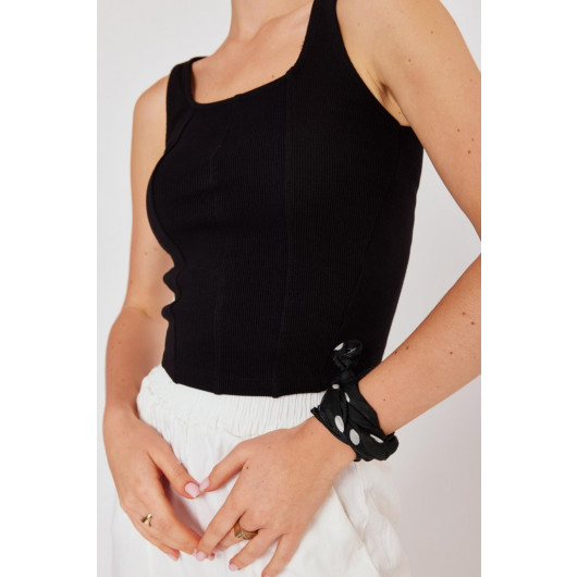 Women's Black Corduroy Knitted Square Collar Short Singlet