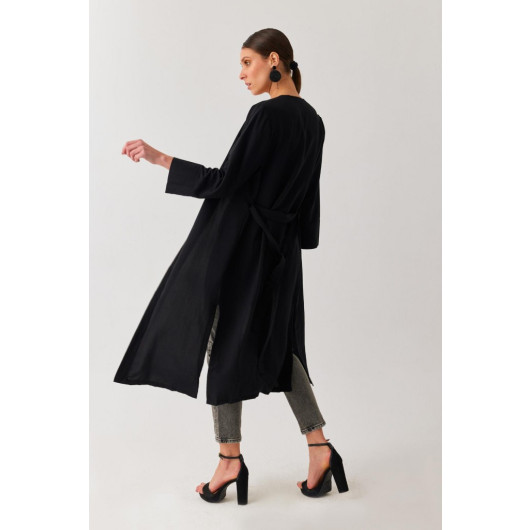 Women's Black Belted Slit Long Kimono