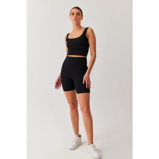 Women's Black Lycra Biker Short Ribbed Shorts