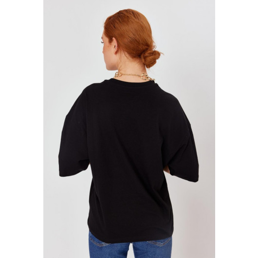 Women's Black Shoulder Button Detailed Knitted Oversize Tshirt