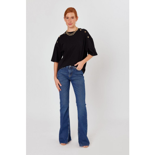 Women's Black Shoulder Button Detailed Knitted Oversize Tshirt