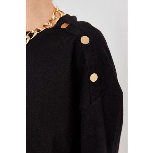 Women's Black Shoulder Button Detailed Knitted Oversize Tshirt