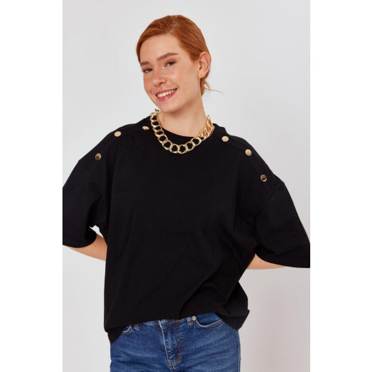 Women's Black Shoulder Button Detailed Knitted Oversize Tshirt