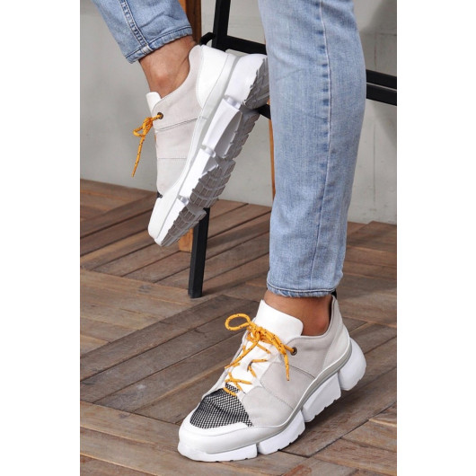 Thick Sole Top Yellow Laced Mesh Detailed Men's Casual Shoes