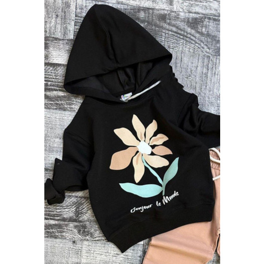 Girls Beige Hooded Tracksuit With Floral Print