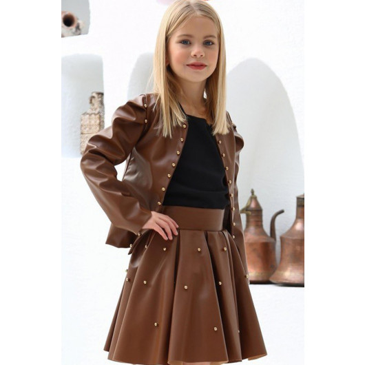 Girls Set With Brown Leather Skirt And Jacket