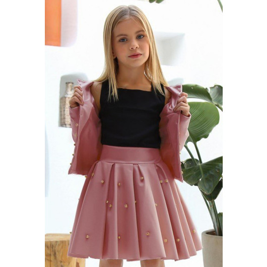 Girls Leather Jacket And Pink Skirt Suit With Staple Detail And Rope Straps