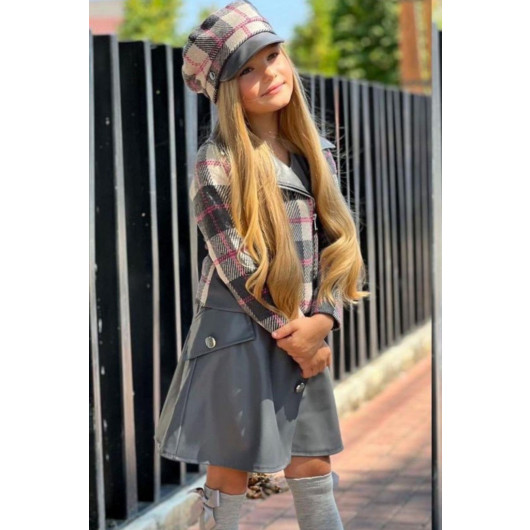 Girls Set Plaid Jacket And Gray Leather Buttoned Skirt