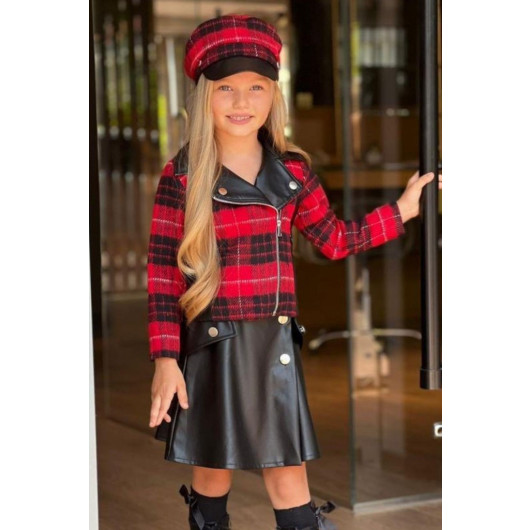 Girls Set Check Jacket And Red Leather Skirt With Buttons
