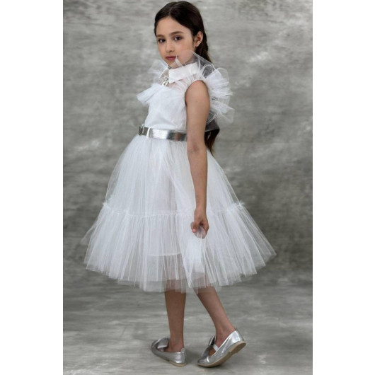 Girls Dress With White Tulle Collar, Bodice And Sleeves