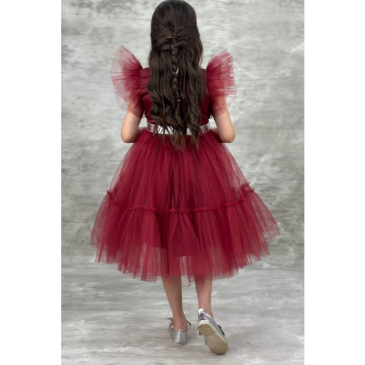 Girls Dress With Burgundy Tulle Collar, Bodice And Sleeves