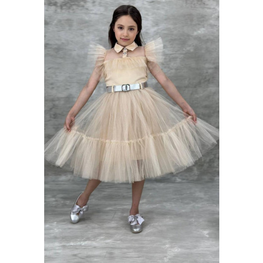 Girls Dress With Collar, Bodice And Light Orange Tulle Sleeves