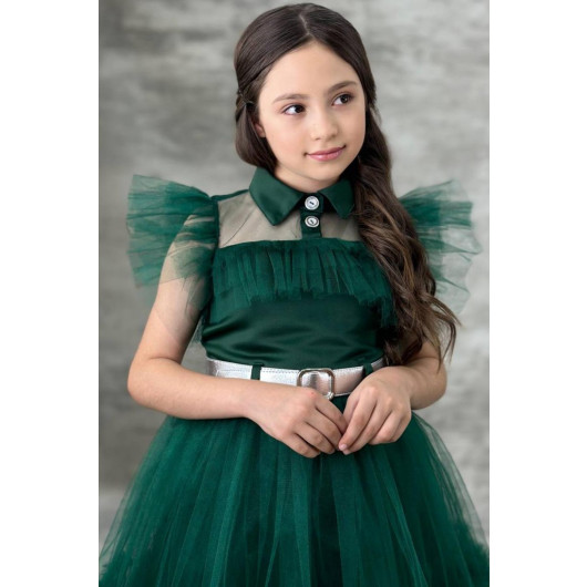 Girls Dress With Collar, Bodice And Green Tulle Sleeves