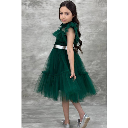Girls Dress With Collar, Bodice And Green Tulle Sleeves