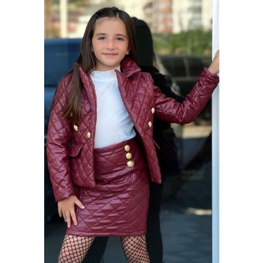 Girls Burgundy Skirt And Jacket Set With Golden Buttons