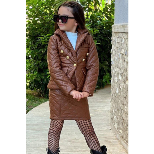 Girls Brown Skirt And Jacket Set With Gold Buttons