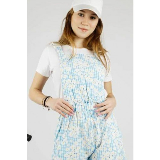 Girls Blue Jumpsuit With Flower Design And Blouse