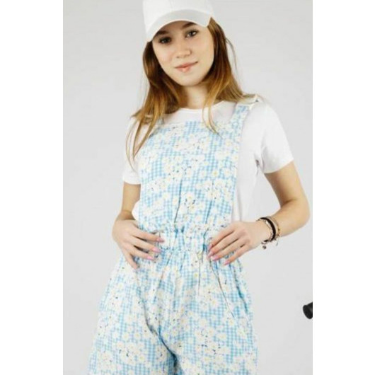 Girls Blue Jumpsuit With Flower Design And Blouse