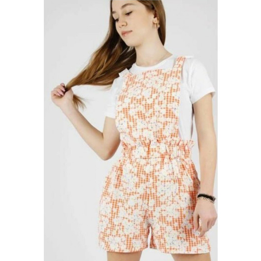 Girls Orange Jumpsuit With Flower Print And Blouse