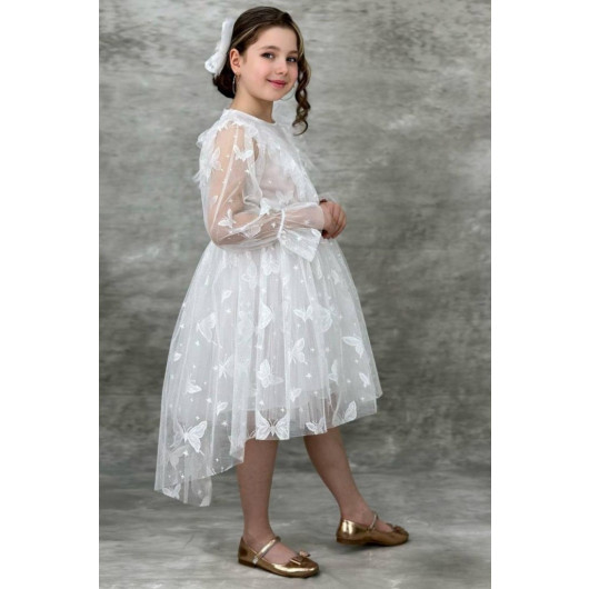 Girls White Dress With Transparent Butterfly Print