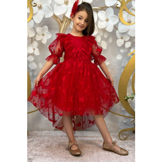 Girls Red Dress With Transparent Butterfly Pattern