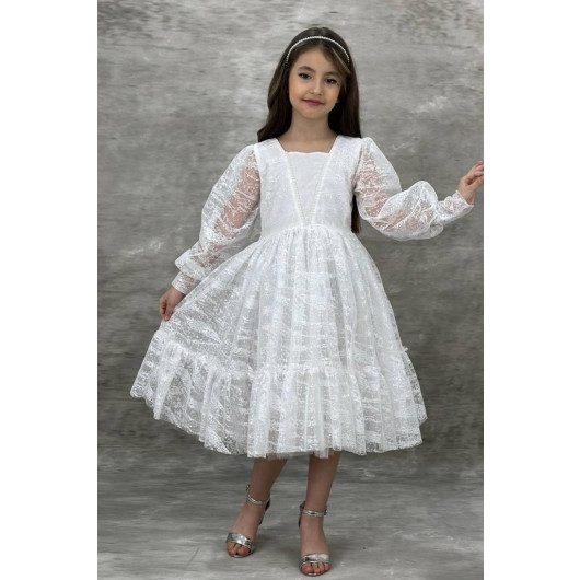 Girls White Dress With Sheer Sleeves, Embroidered With Pearls And Ruffles