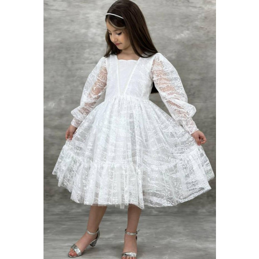 Girls White Dress With Sheer Sleeves, Embroidered With Pearls And Ruffles