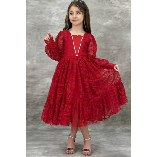 Girls Red Dress With Transparent Sleeves, Embroidered With Pearls And Ruffles