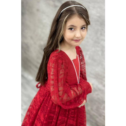 Girls Red Dress With Transparent Sleeves, Embroidered With Pearls And Ruffles