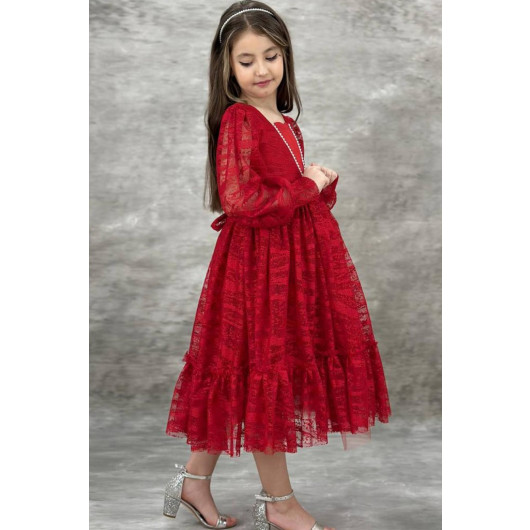 Girls Red Dress With Transparent Sleeves, Embroidered With Pearls And Ruffles