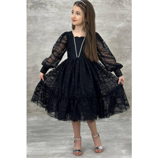 Girls Black Dress With Transparent Sleeves, Embroidered With Pearls And Ruffles