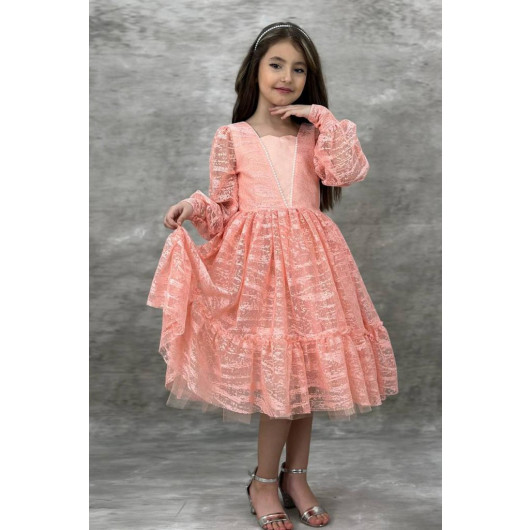 Girls' Light Orange Dress With Transparent Sleeves And Embroidered With Pearls