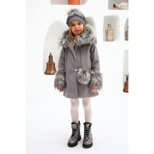 Girls Coat With Gray Fur Sleeves And Hood