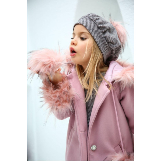 Girls Coat With Pink Fur Sleeves And Hood
