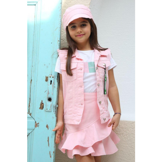 Girls Merci Denim Vest And Skirt 3 Piece Pink Skirt Set