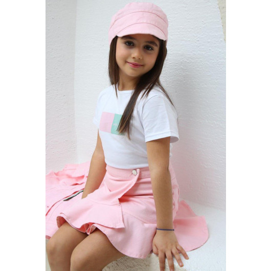 Girls Merci Denim Vest And Skirt 3 Piece Pink Skirt Set