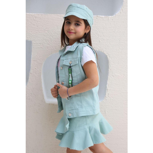 Girls Merci Denim Vest And Skirt 3 Piece Water Green Skirt Set