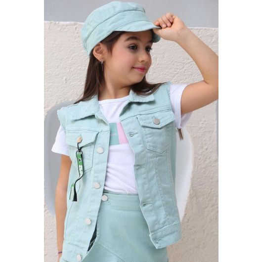 Girls Merci Denim Vest And Skirt 3 Piece Water Green Skirt Set